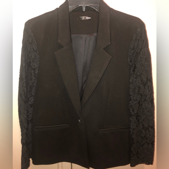 NWT Gorgeous & Sexy Bloomingdales Exclusive Aqua Black Cotton Lace Sleeve Blazer